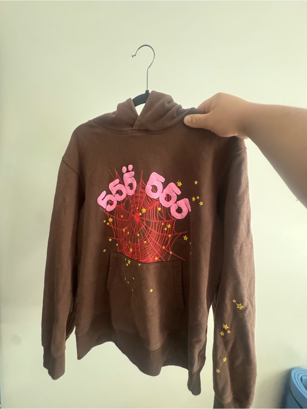 Brown Hoodie with Pink "555" Graphic and Yellow Stars